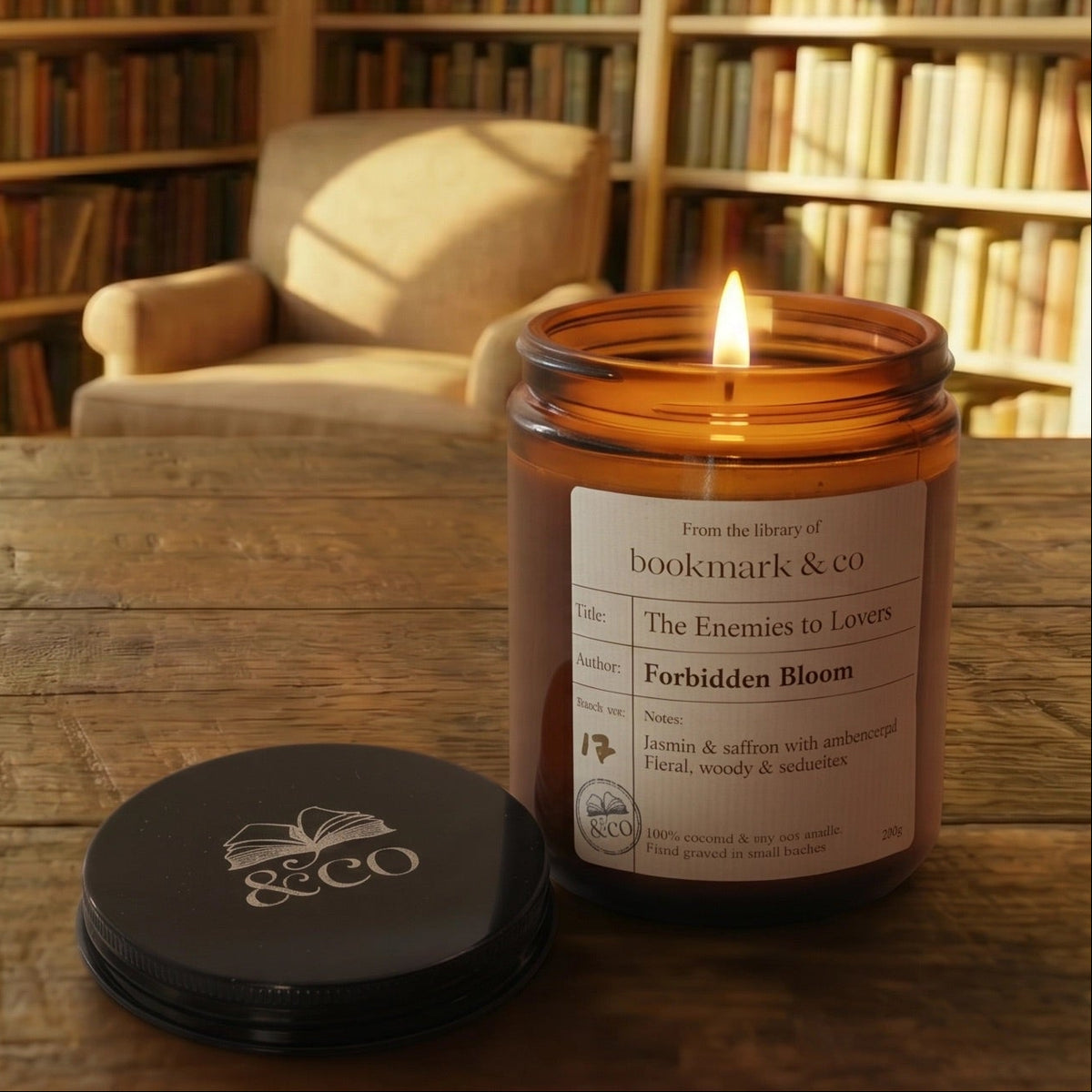 Candle on a wooden table with books, glasses, and a pen in a cozy room.