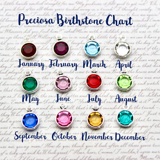 Birthstone chart with colourful crystals corresponding to each month