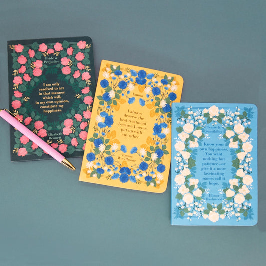 Three quote notebooks with floral designs and Jane Austen book titles on | Bookmark & Co
