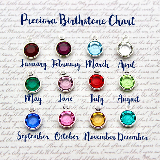 Birthstone chart with colourful crystals corresponding to each month