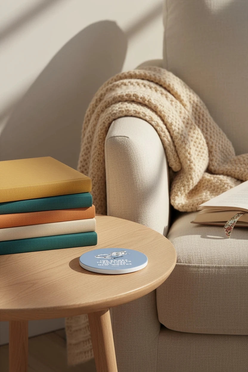 Round blue coaster with a dog reading a book illustration and text on a white background