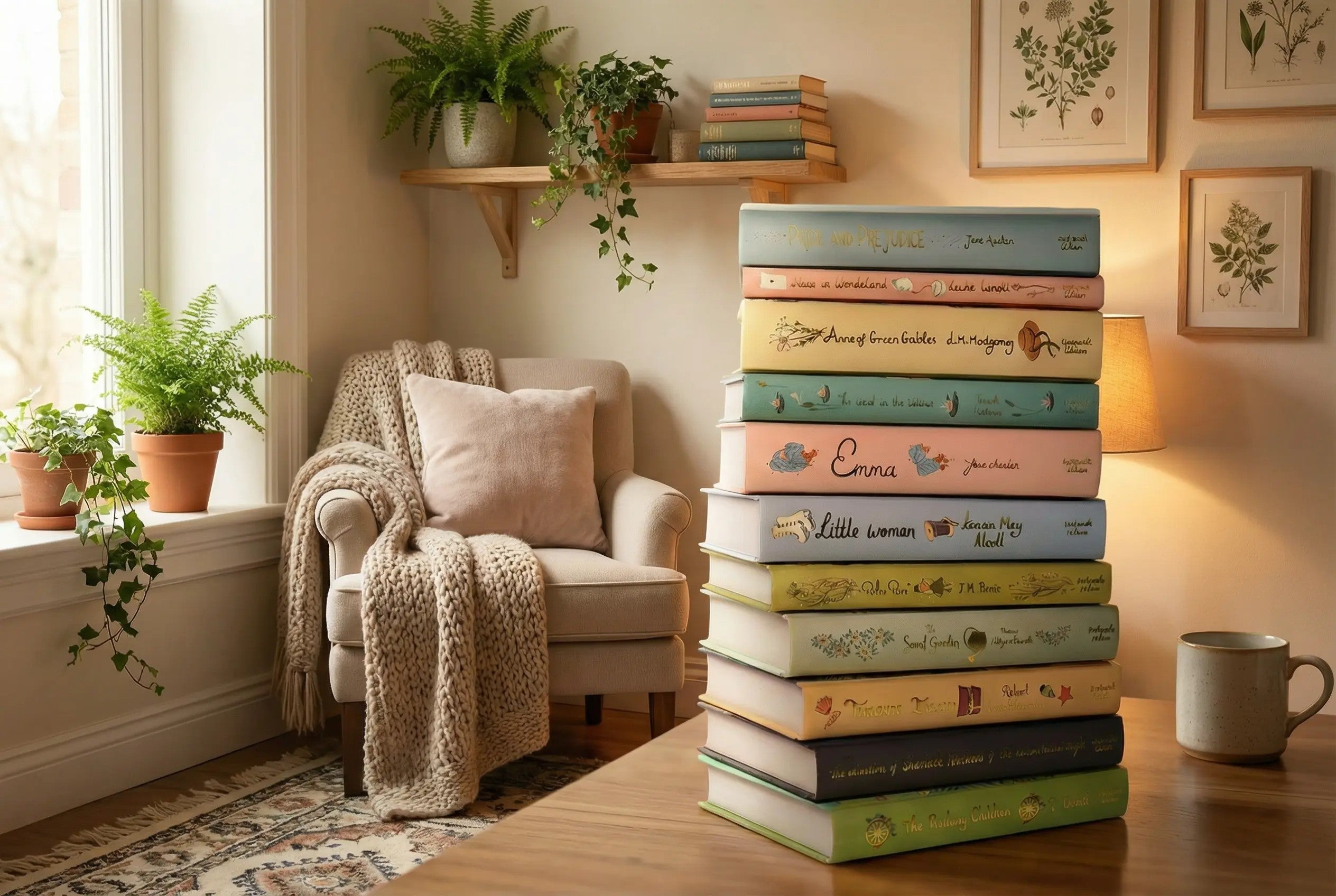 Collection of Wordsworth Collector's Edition classic books including Pride and Prejudice, Emma, and Peter Pan displayed on wooden surface
