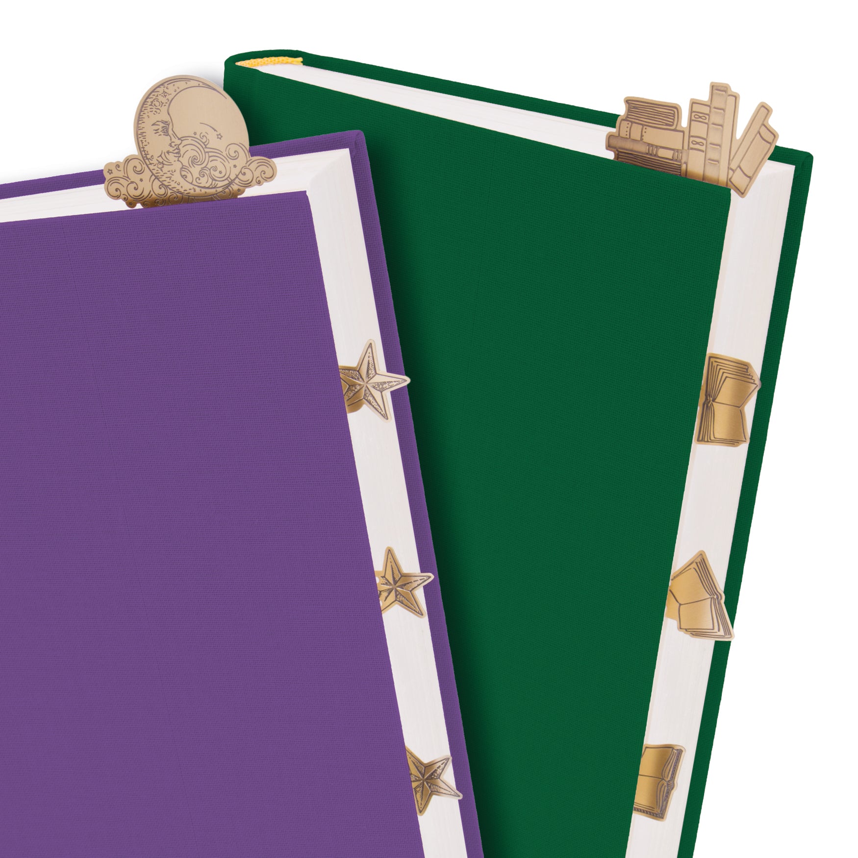 Two books, one blue and one green, with decorative elements on a white background