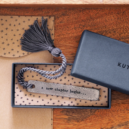 Pewter 'A new chapter begins' bookmark in packaging | Bookmark & Co