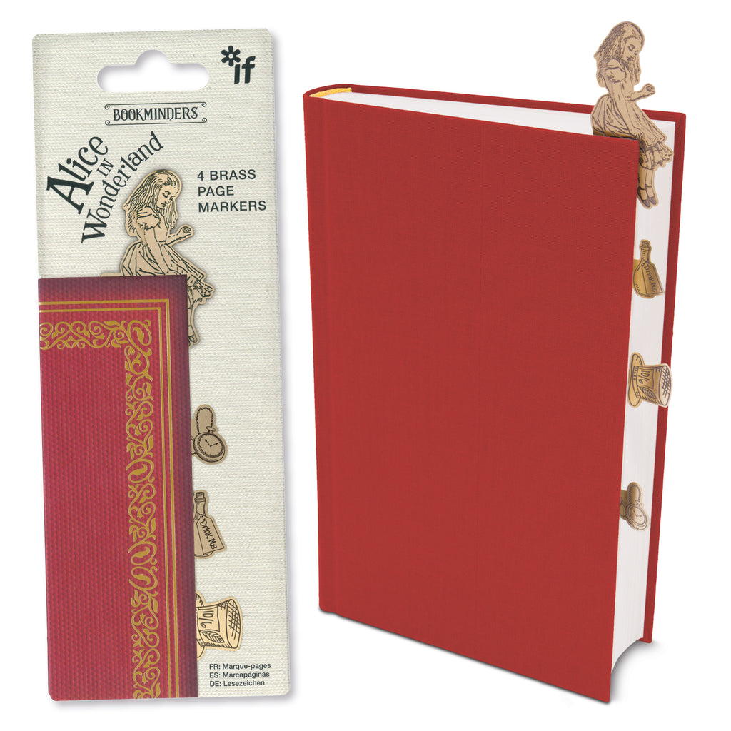 Red book with gold accents and 'Alice in Wonderland' design, next to packaging with 'Bookminders' branding.