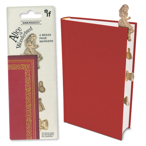 Red book with gold accents and 'Alice in Wonderland' design, next to packaging with 'Bookminders' branding.