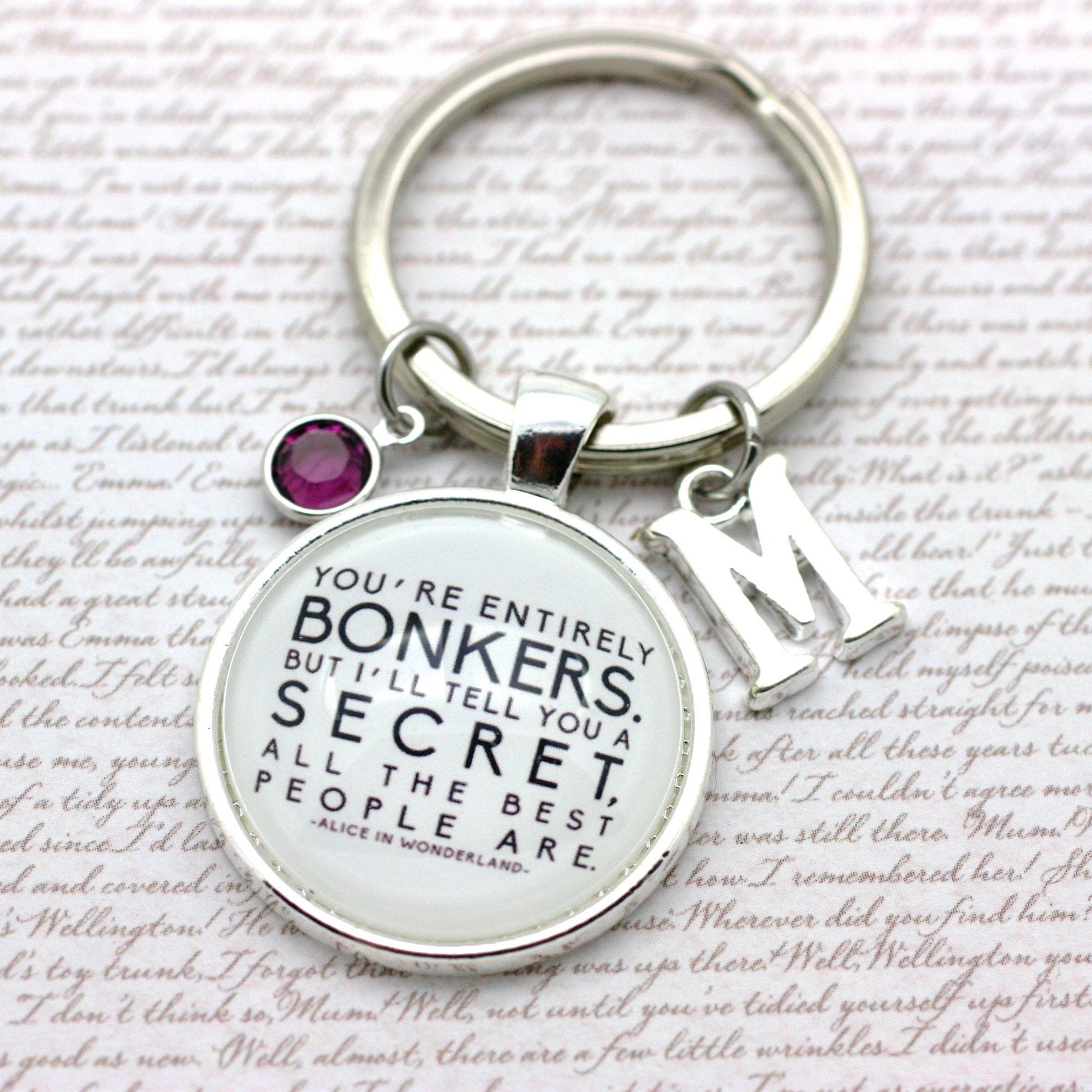 Keychain with bonkers text on a textured surface