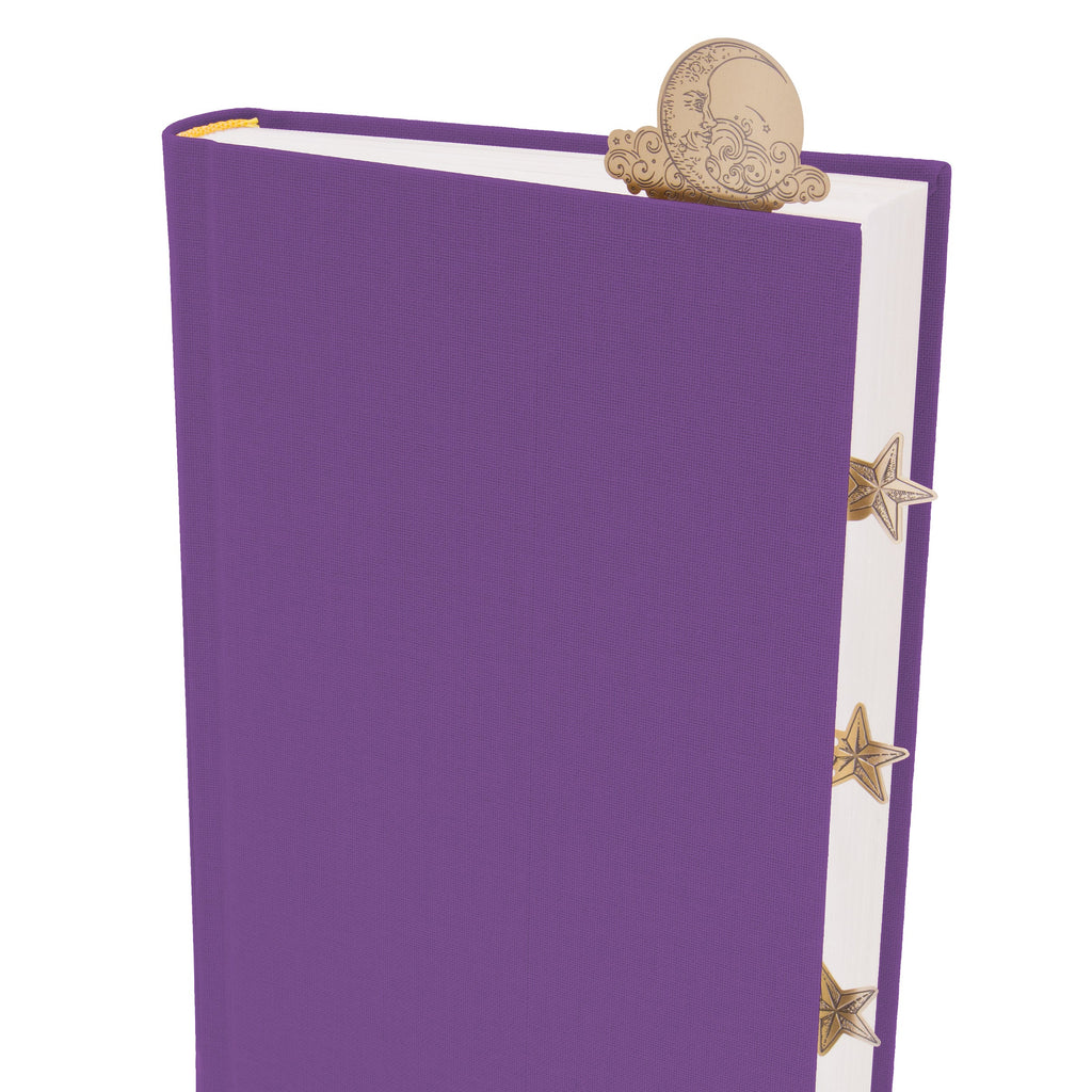 Purple notebook with gold star accents on a white background