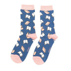 Blue socks with book and hand pattern on a white background