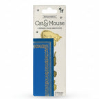 Cat & Mouse brass page markers packaging with blue ribbon and gold cat design on a white background