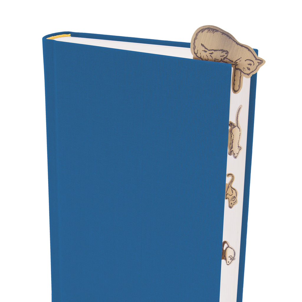Blue book with a cat-themed bookmark on a white background