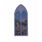 Decorative window with dragon design on a white background