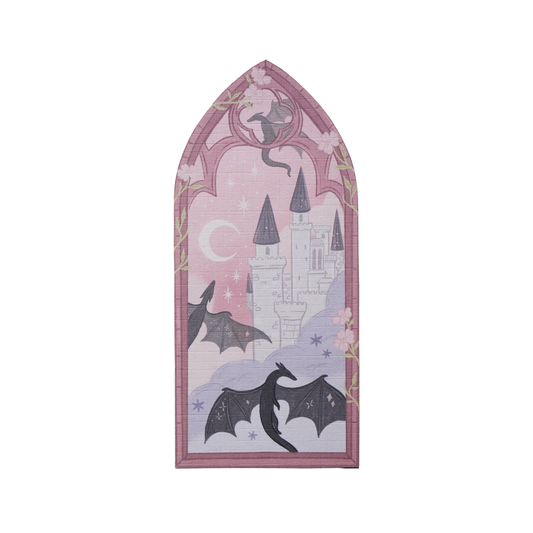Decorative fantasy dragon bookmark featuring  gothic arch, bats, and castle on a pink background