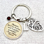 Keychain with motivational quote and heart design on a textured background