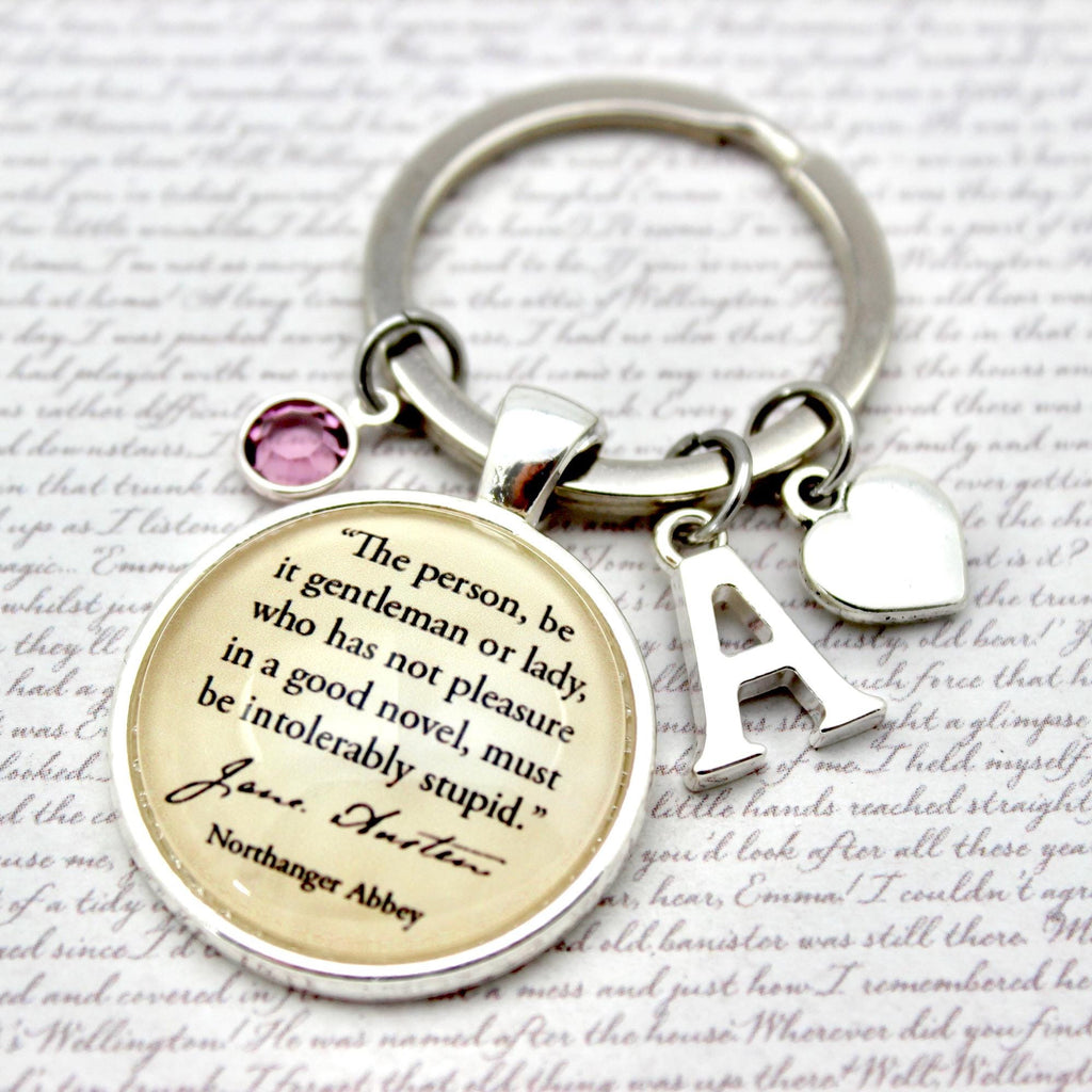 Keychain with Jane Austen A Good Novel quote charm 