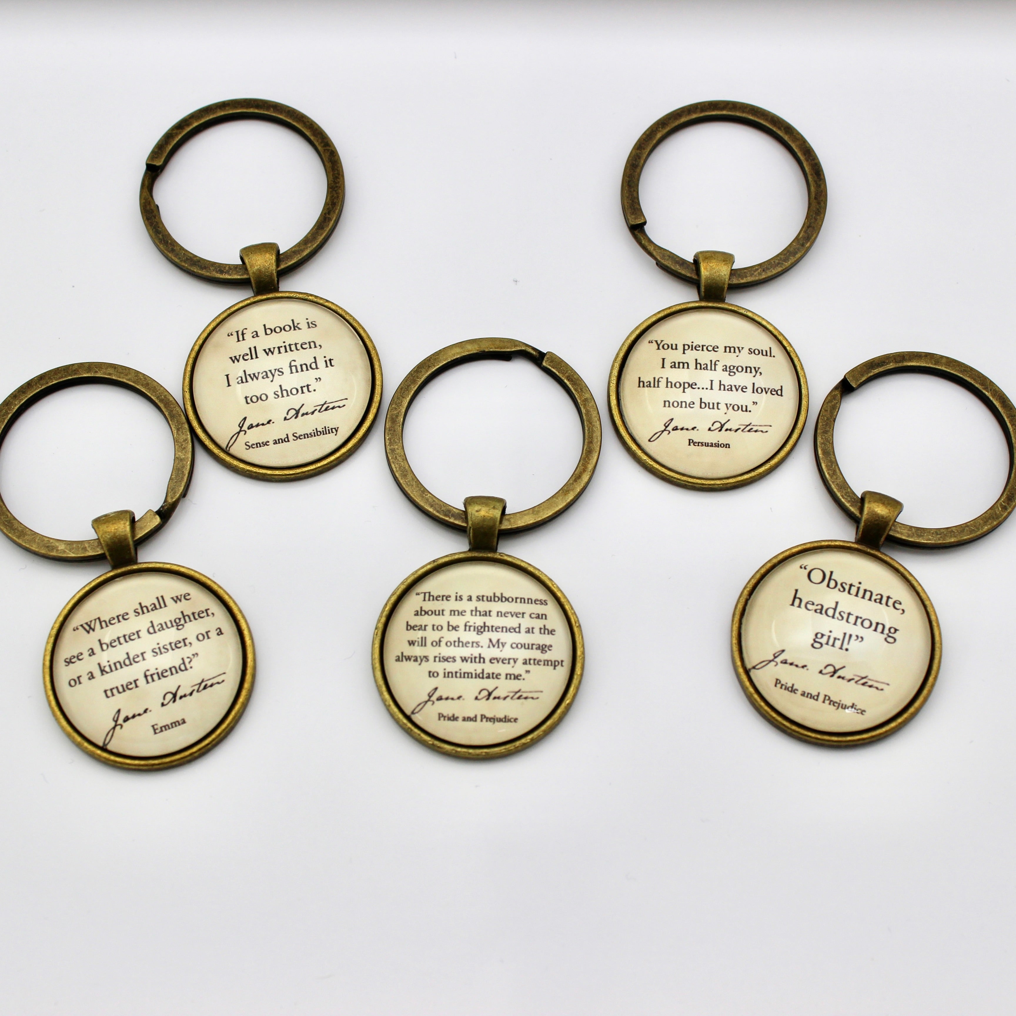 A selection  keyrings with Jane Austen quotes