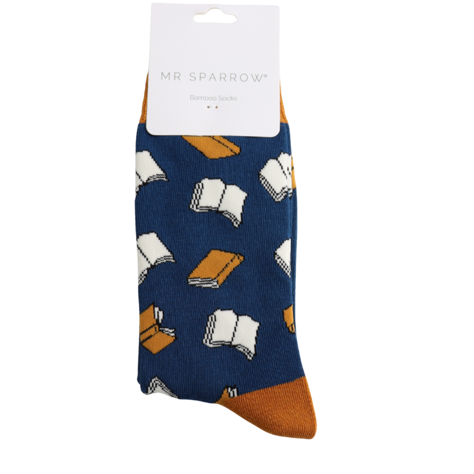 Blue sock with book pattern and orange accents, displayed on a white background with 'MR. SPARROW' label.