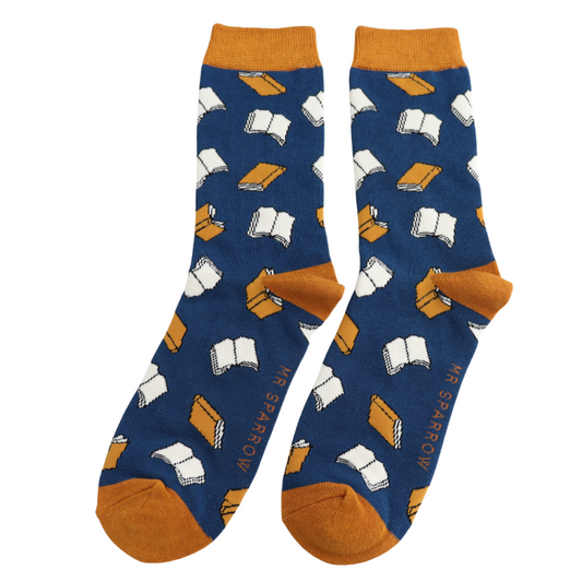 Pair of socks with book pattern on a white background