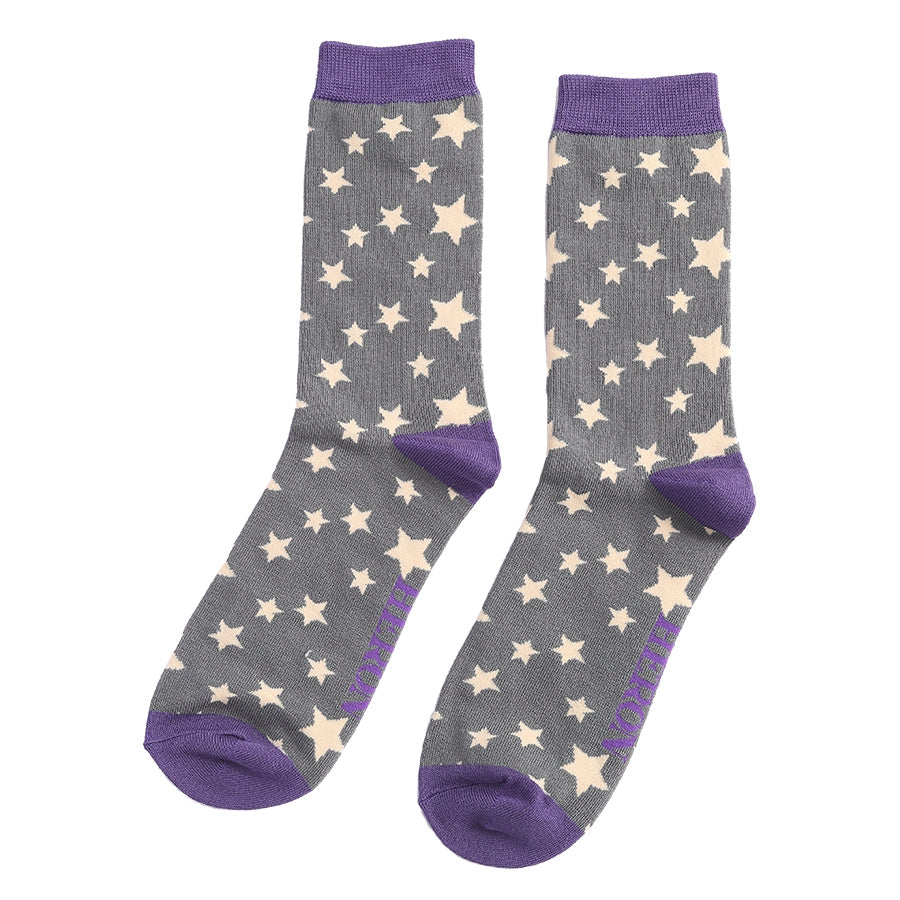 Gray socks with star pattern and purple accents on a white background