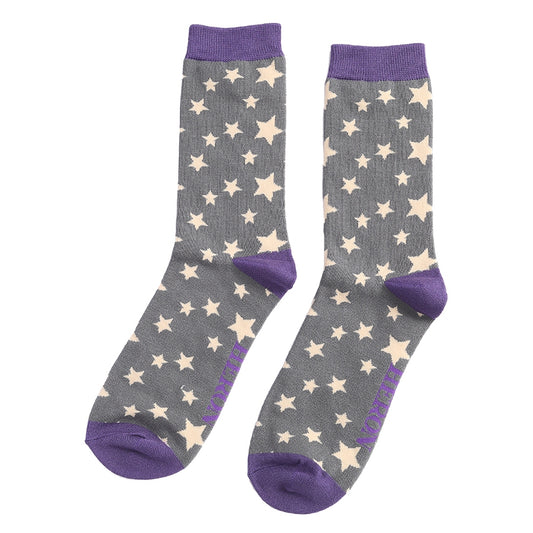 Gray socks with star pattern and purple accents on a white background