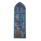 Decorative panel with a fairy, books, and flowers on a blue background