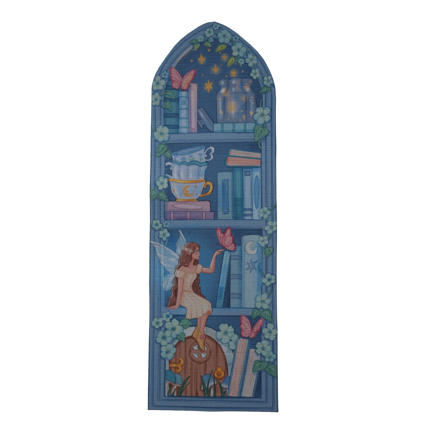 Decorative panel with a fairy, books, and flowers on a blue background