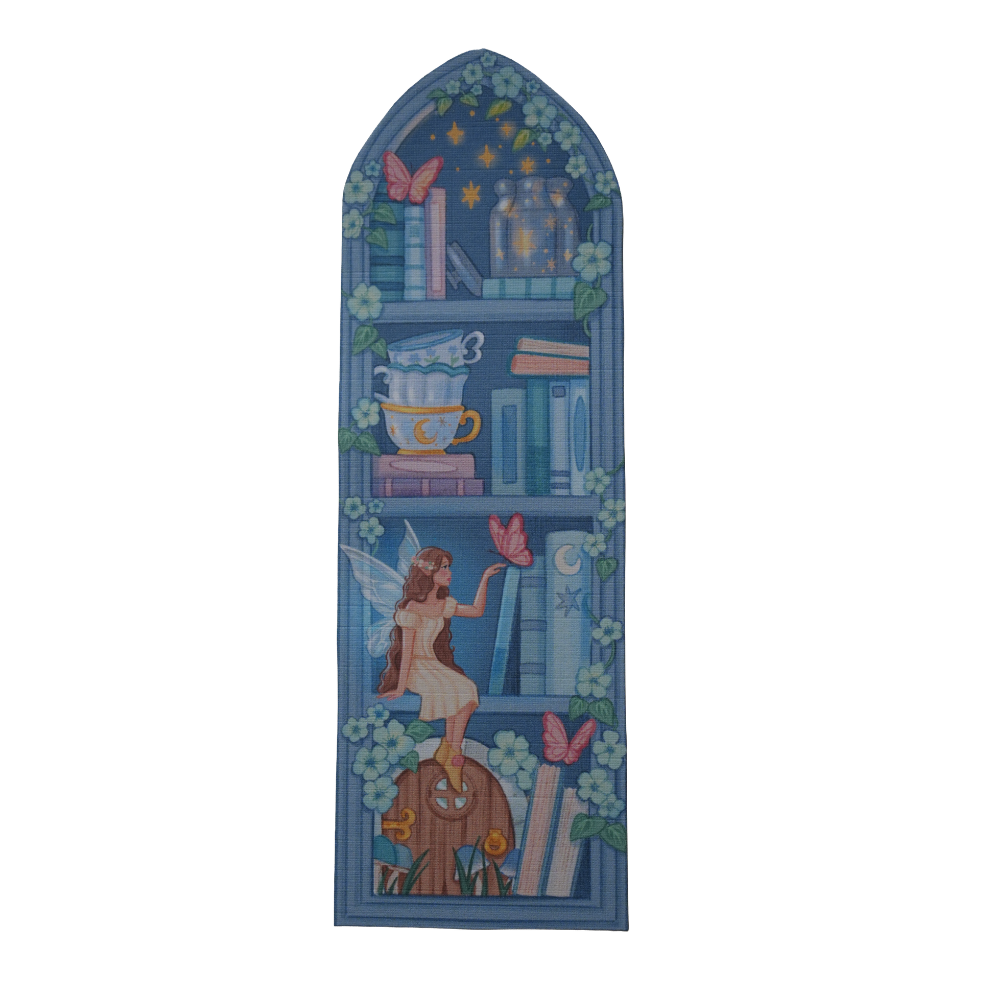Decorative panel with a fairy, books, and flowers on a blue background