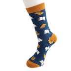 Blue sock with book pattern and orange accents on a white background