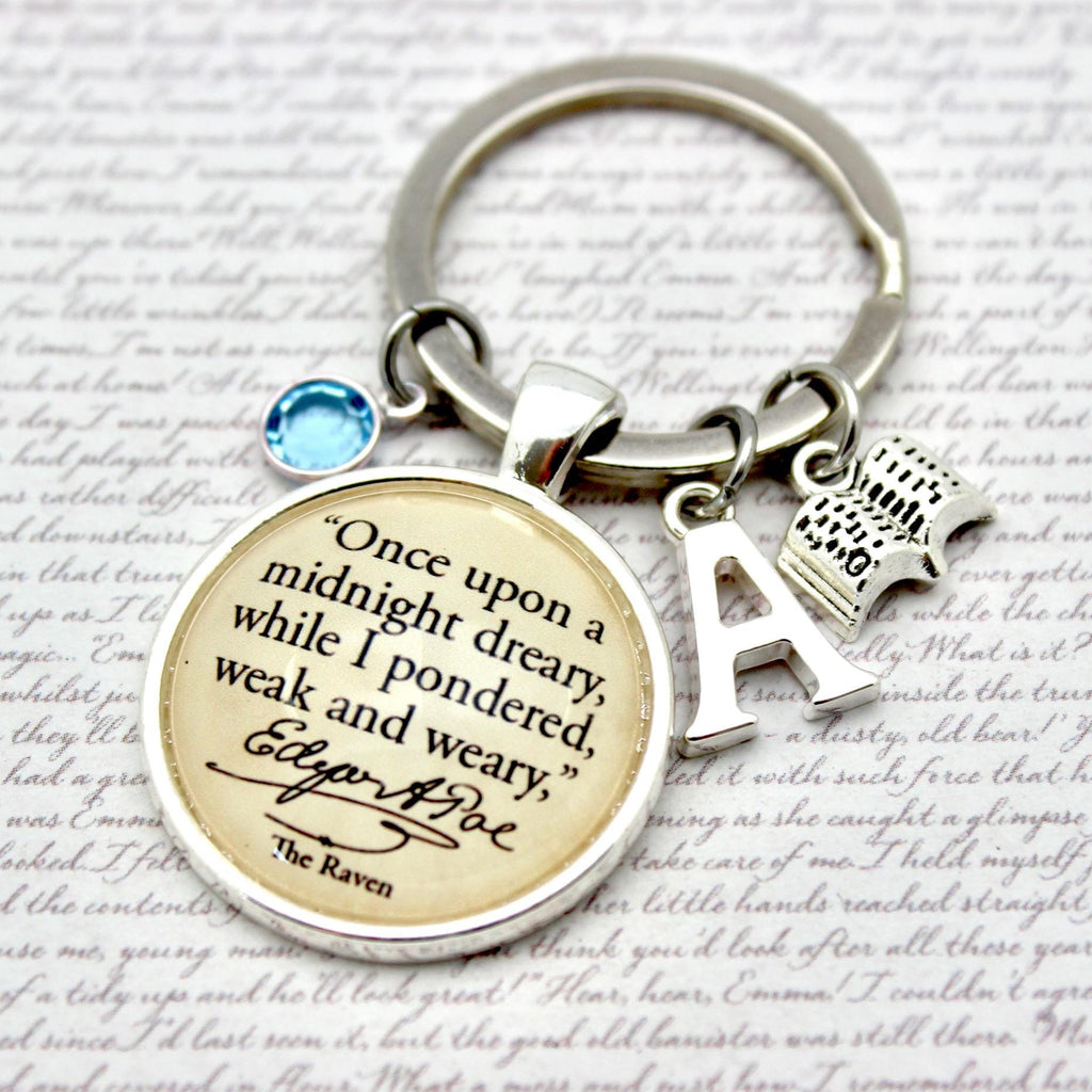 Keychain with circular pendant featuring text and small charms on a script background