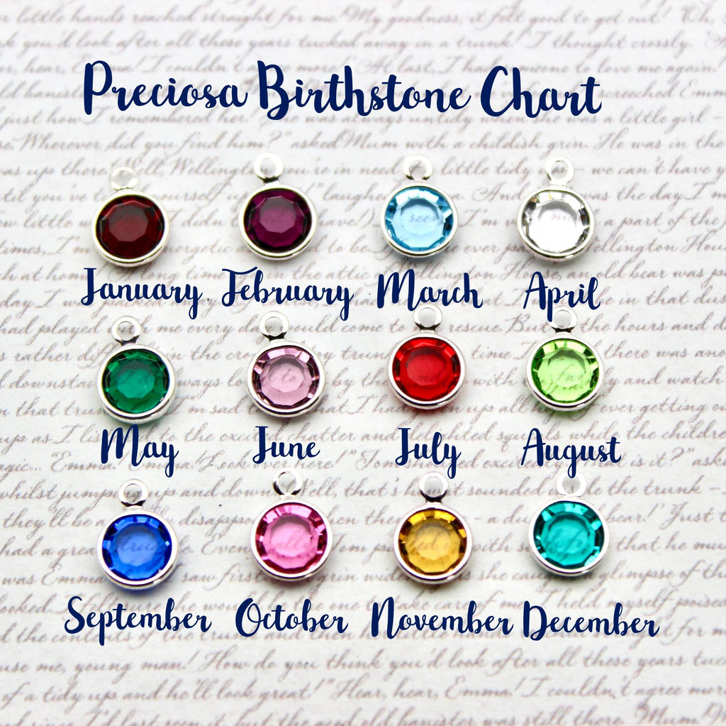 Birthstone chart with colourful crystals corresponding to each month 