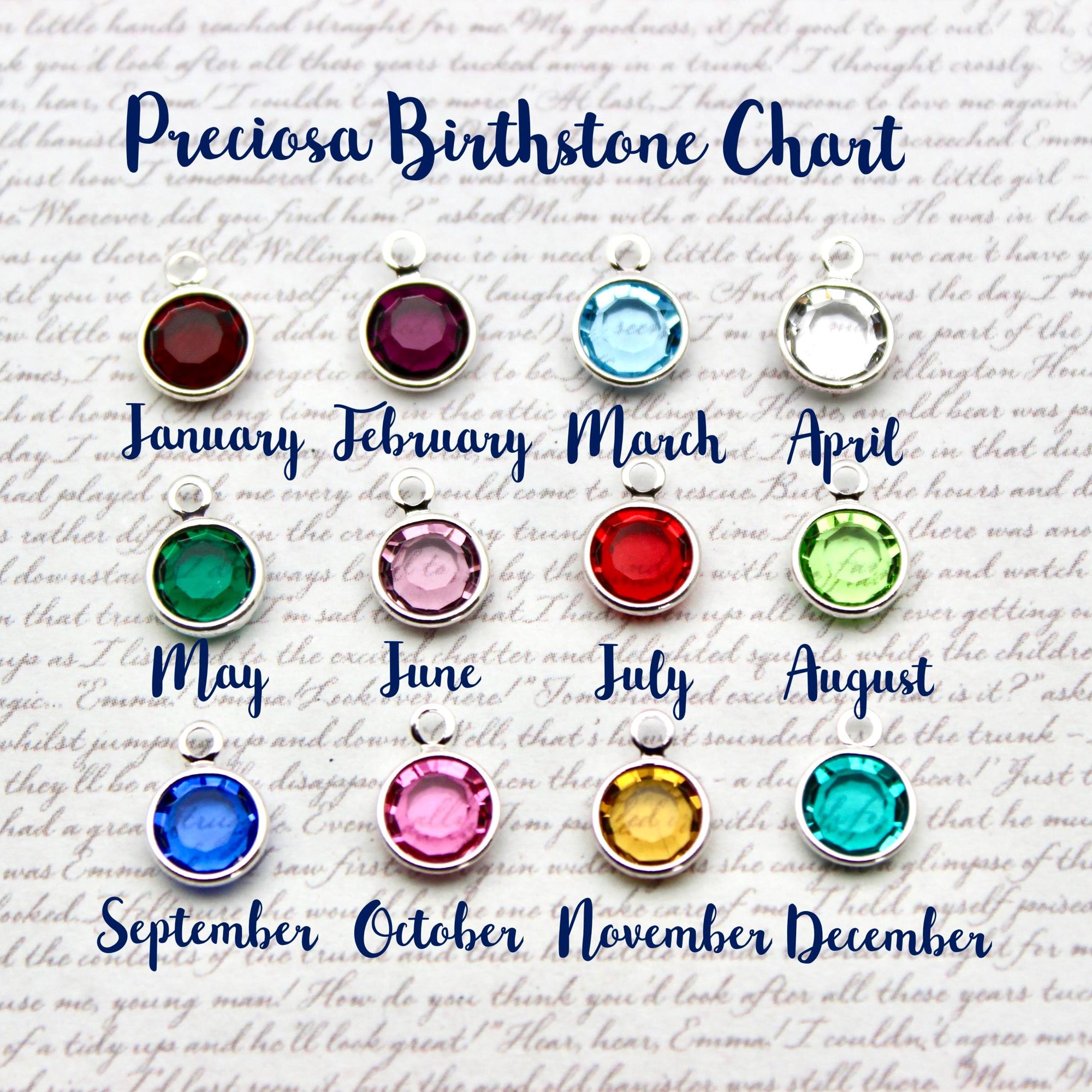 Birthstone chart with colourful crystals corresponding to each month 