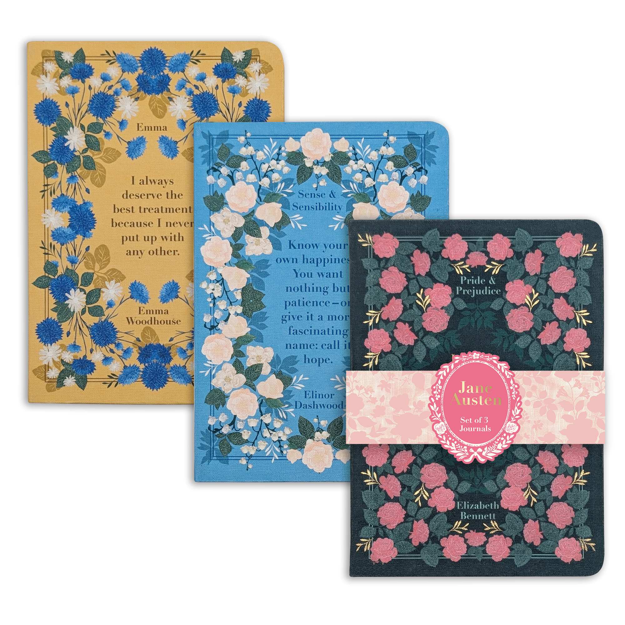 Three notebooks with floral designs and Jane Austen book titles on | Bookmark & Co