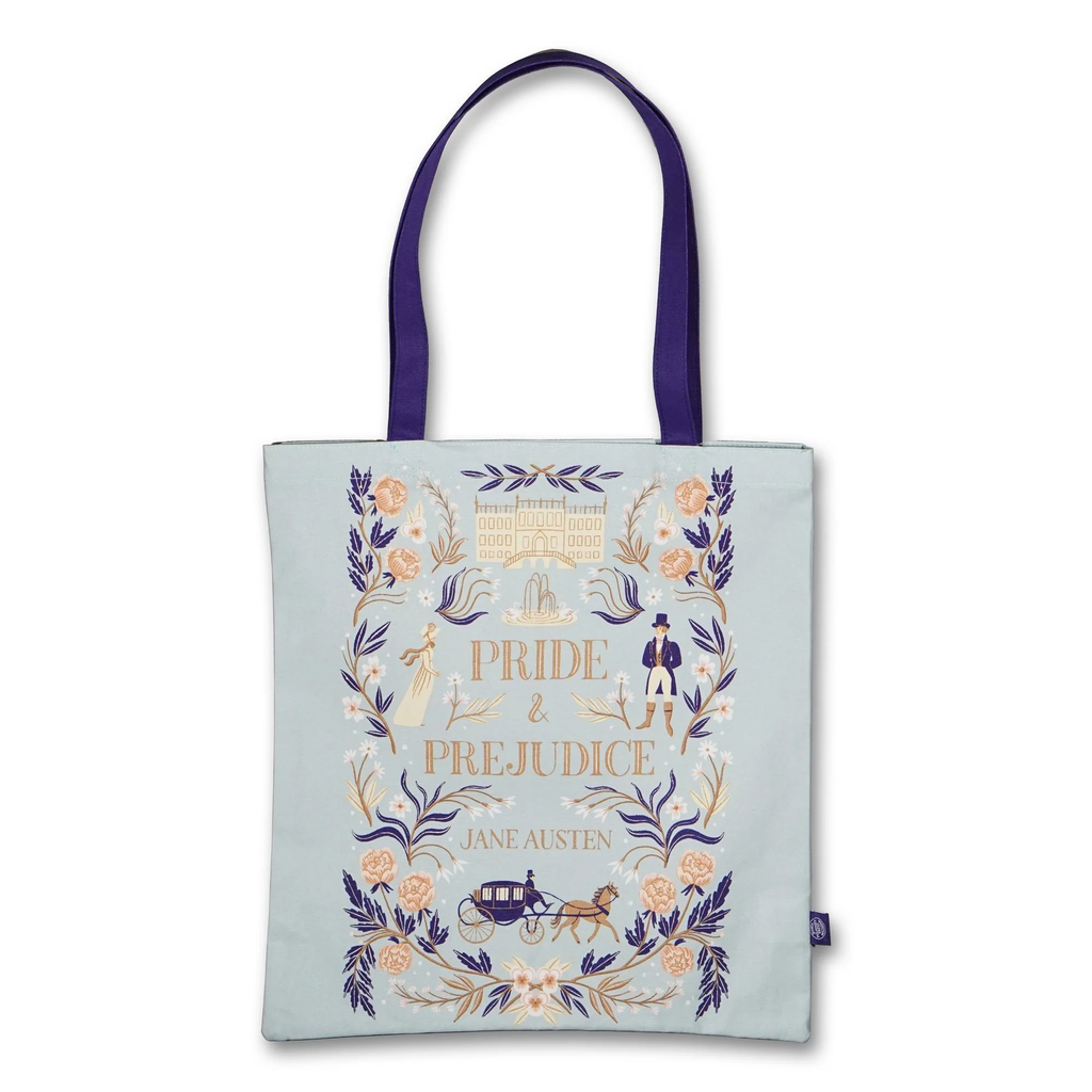 Pride & Prejudice tote bag featuring Jane Austen text and illustrations with a design of a woman holding a book on a light blue background | Bookmark & Co