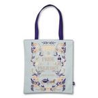 Pride & Prejudice tote bag featuring Jane Austen text and illustrations with a design of a woman holding a book on a light blue background | Bookmark & Co