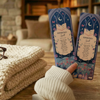 Two  'Romantasy Spell' bookmarks with decorative designs being held in a cosy scene