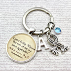 Keychain with sherlock quote and charms on a textured background
