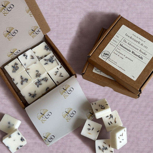 Wax melt boxes sitting on a lilac background, with some wax melts arranged around the boxes | by Bookmark and Co