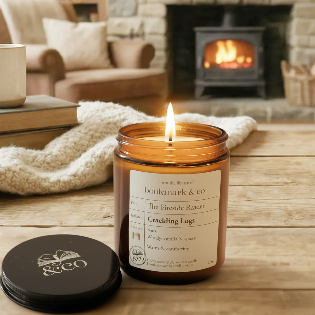 Candle jar with a label, mug, and books on a wooden surface in a cozy room.