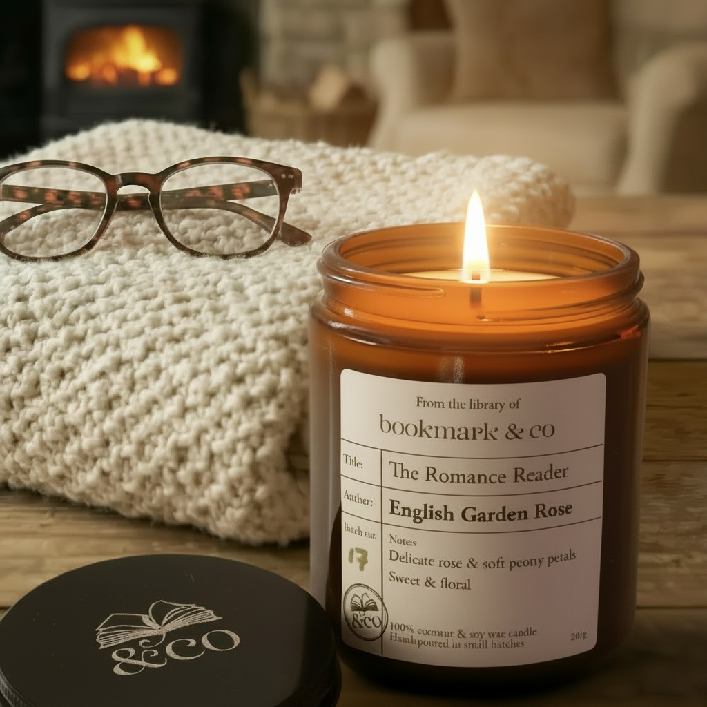 Candle jar with a label, glasses, and a textured blanket on a wooden surface.