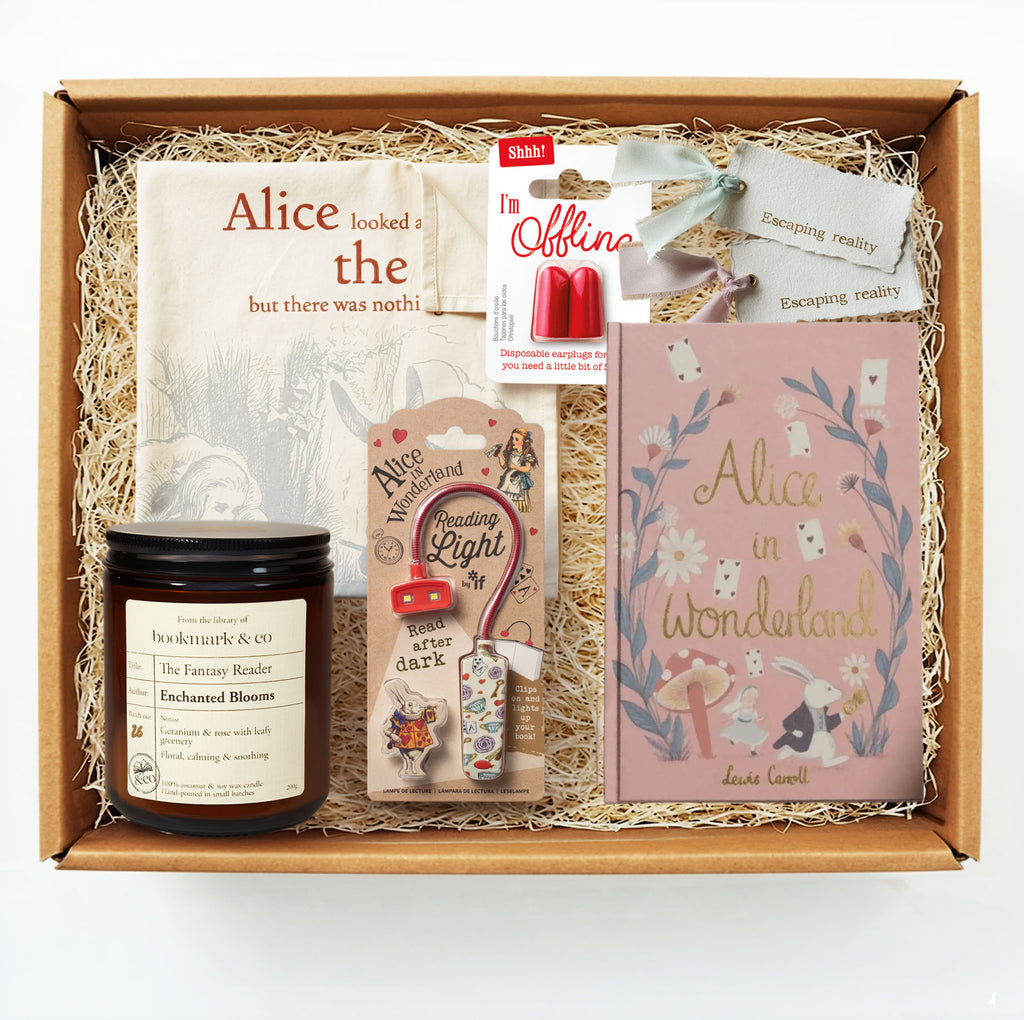 Gift box filled with Alice in Wonderland literary gifts