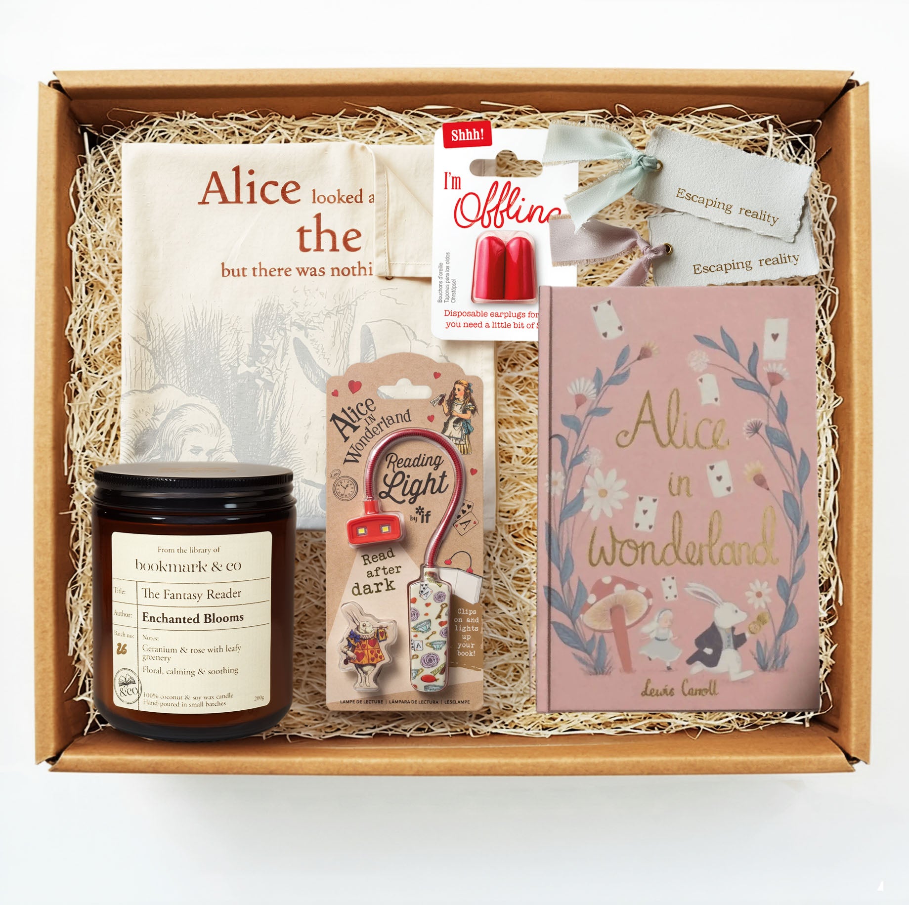Gift box filled with Alice in Wonderland literary gifts