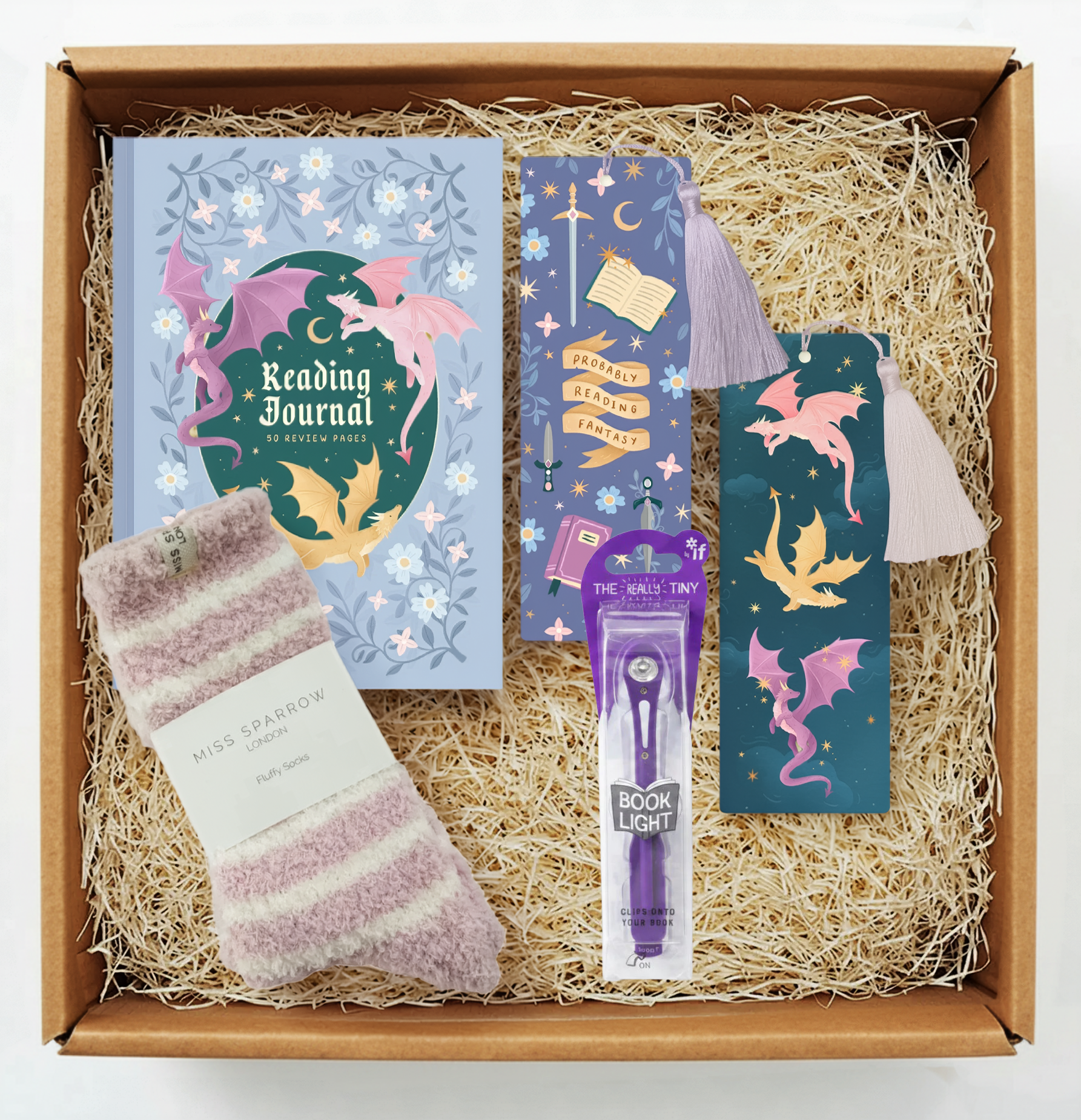 Bookmark & Co gift box for young readers with purple themed gifts