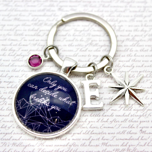 Keychain with blue round pendant and star charm on a white background with text