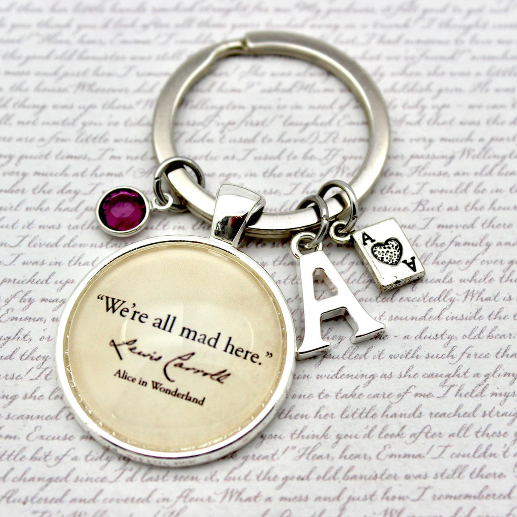 Keychain with circular charm featuring text and letter 'A' on a textured background