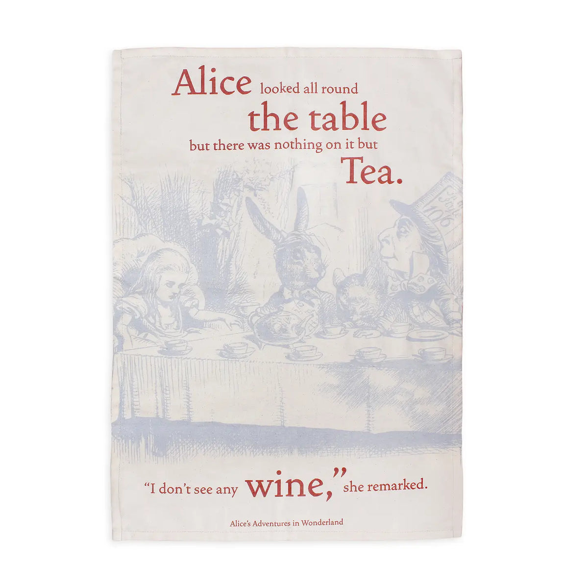 Book cover with a scene from 'Alice in Wonderland' and text about Alice looking around the table.