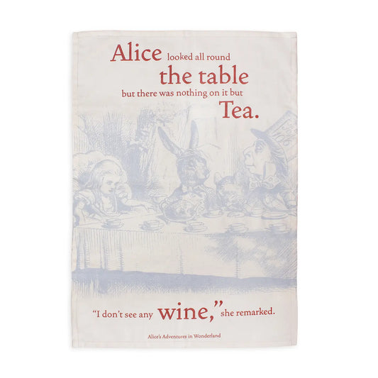 Book cover with a scene from 'Alice in Wonderland' and text about Alice looking around the table.