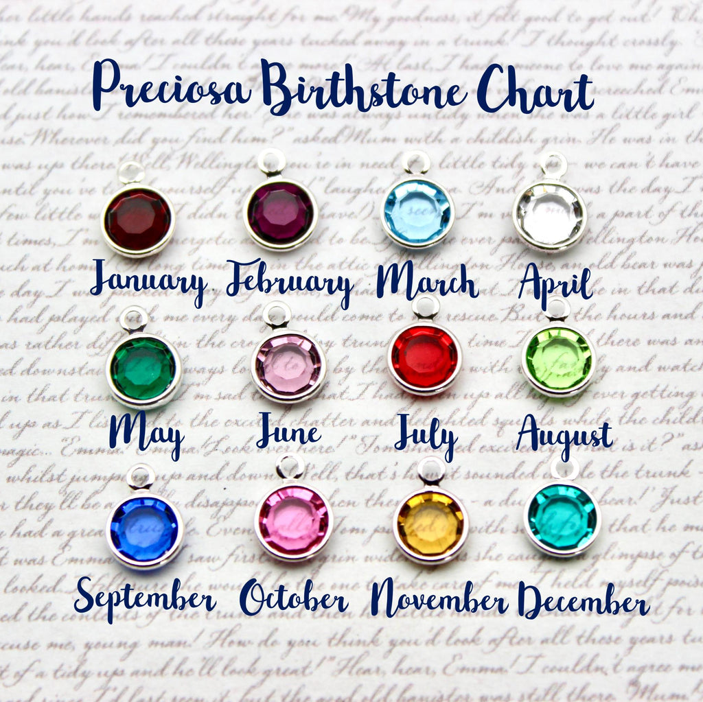 Birthstone chart with colourful crystals corresponding to each month