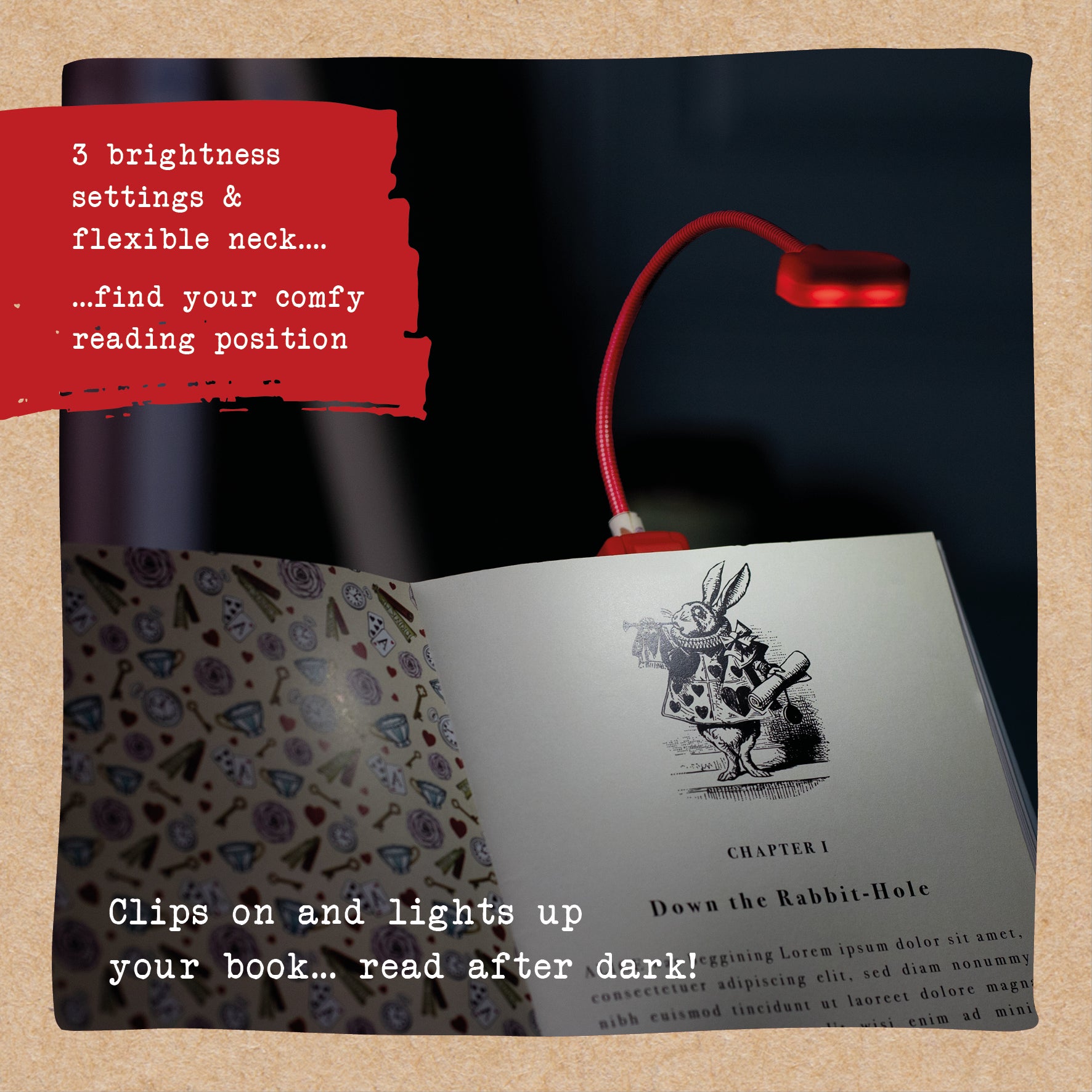 book light alice in wonderland attached to a book
