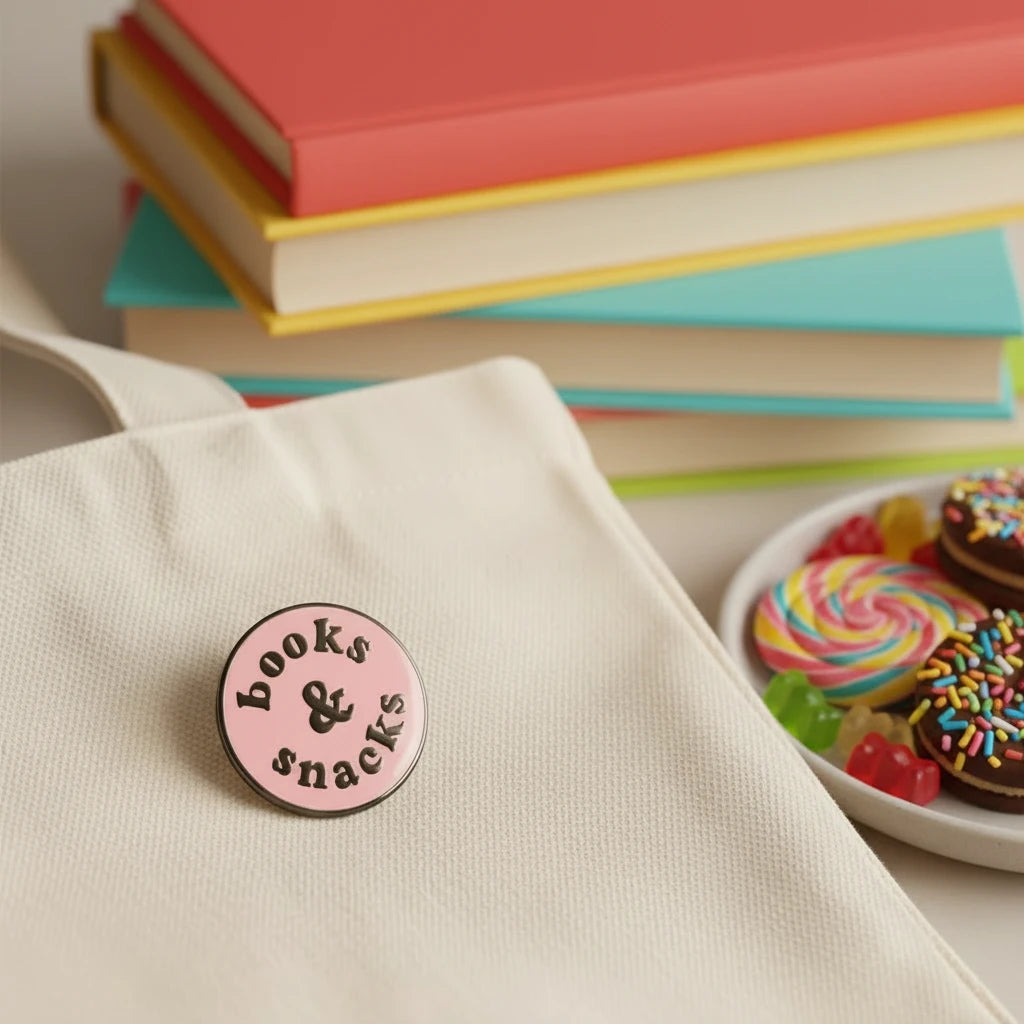 Circular pink badge with 'books & snacks' text on a blue textured background