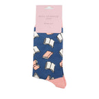 Blue sock with book pattern and pink heel, displayed on a white background with 'Miss Sparrow' packaging.